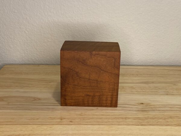Curly Cube Clock: a small handmade wood clock from the Pacific Northwest, made from exquisite hand-selected hardwoods, a rustic modern, unique gift for any décor, holiday, or occasion. Arabic numeral design with reliable quartz movement. Rear view