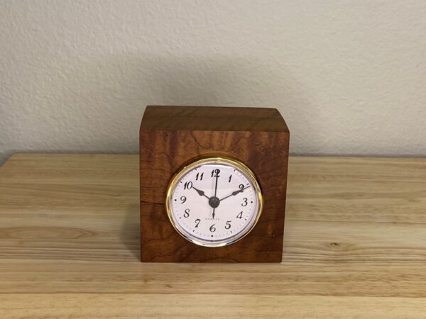 Curly Cube Clock: a small handmade wood clock from the Pacific Northwest, made from exquisite hand-selected hardwoods, a rustic modern, unique gift for any décor, holiday, or occasion. Arabic numeral design with reliable quartz movement.