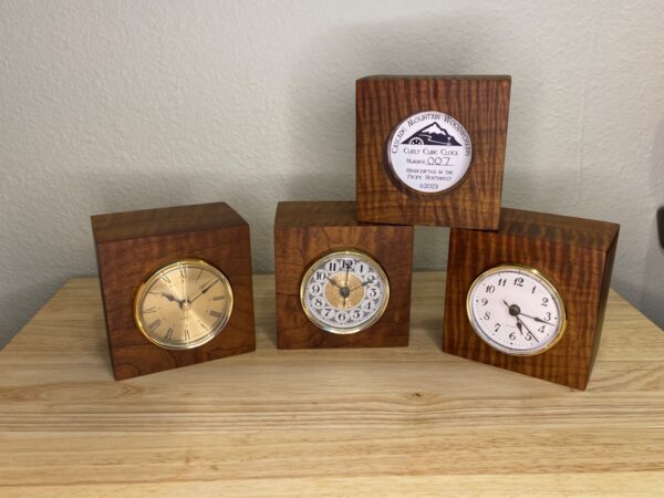 Curly Cube Clock: a small handmade wood clock from the Pacific Northwest, made from exquisite hand-selected hardwoods, a rustic modern, unique gift for any décor, holiday, or occasion. Multiple face designs available with reliable quartz movements.
