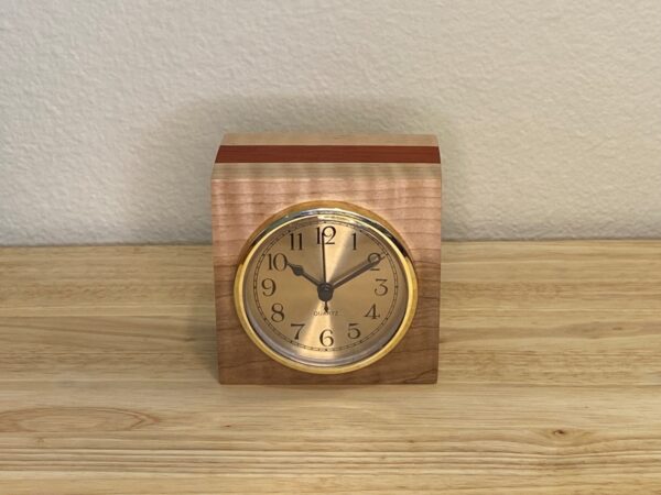Curly Cube Clock: a small handmade wood clock from the Pacific Northwest, made from exquisite hand-selected hardwoods, a rustic modern, unique gift for any décor, holiday, or occasion. Arabic numeral design with reliable quartz movement.