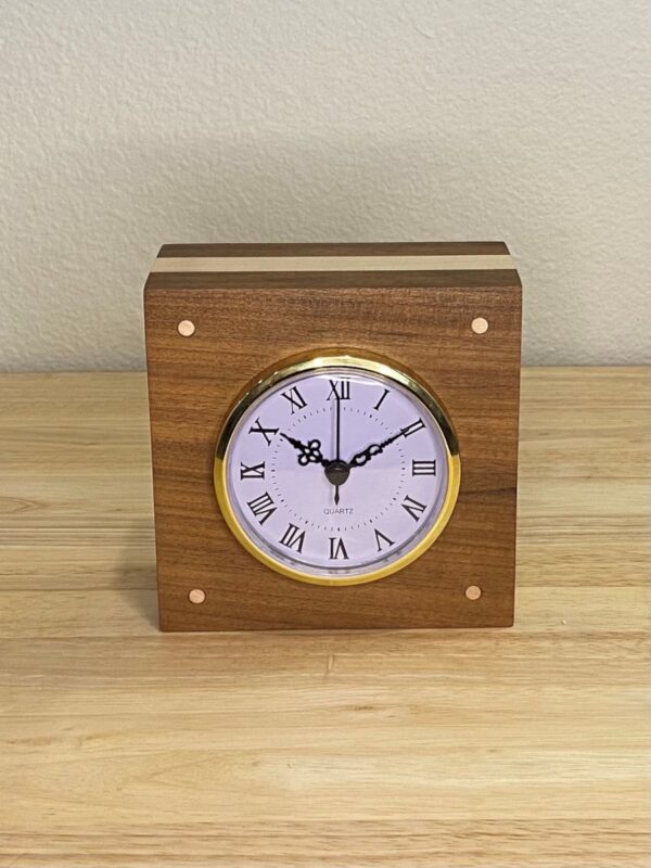 Curly Cube Clock: a small handmade wood clock from the Pacific Northwest, made from exquisite hand-selected hardwoods, a rustic modern, unique gift for any décor, holiday, or occasion. Roman numeral design with reliable quartz movement.