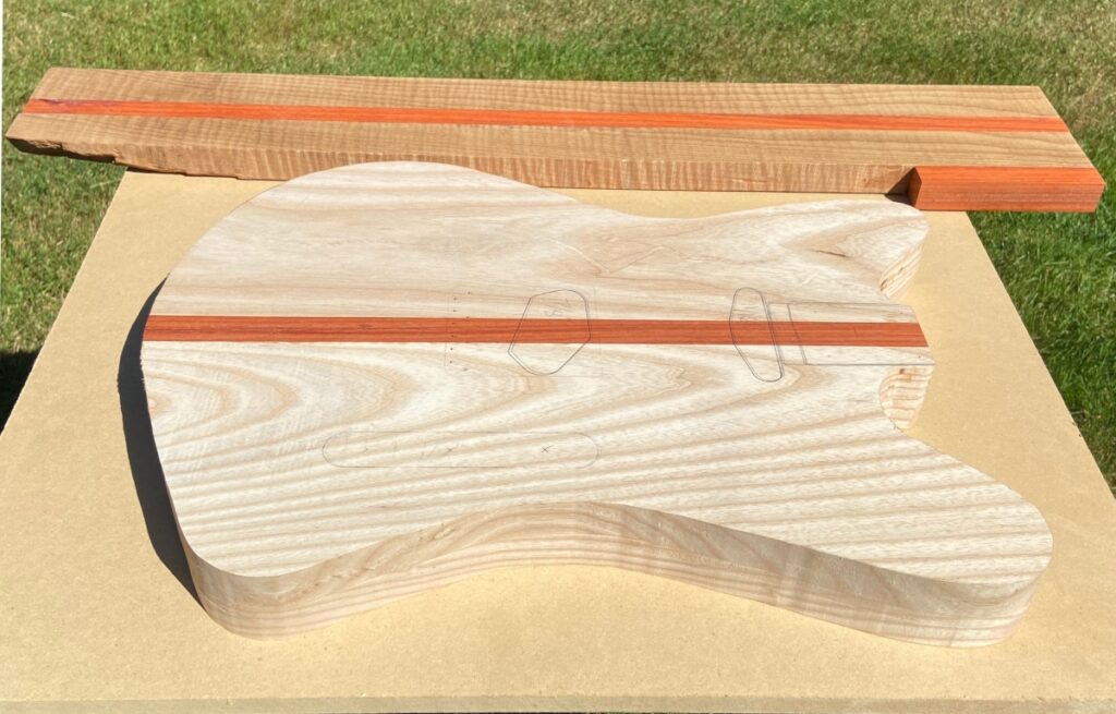White Ash and Padauk Guitar Body with Roasted Curly Maple and Padauk Neck Blank
