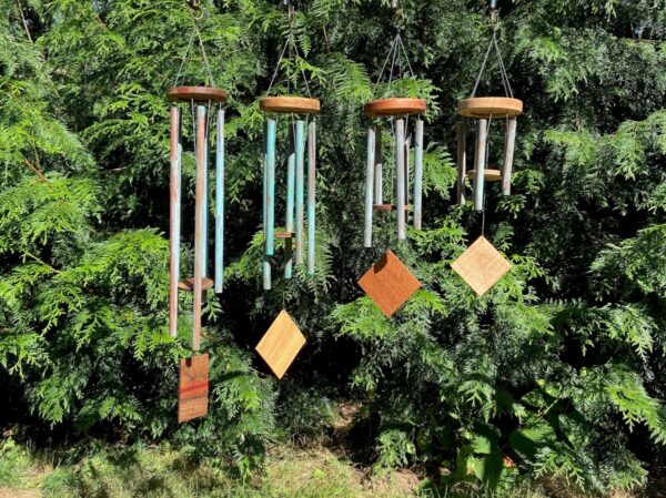 Handcrafted Hardwood Wind Chimes with Weathered Copper Tubes, Pacific Northwest Inspired Outdoor Décor, Rustic Copper Chimes for Gardens and Verandas.