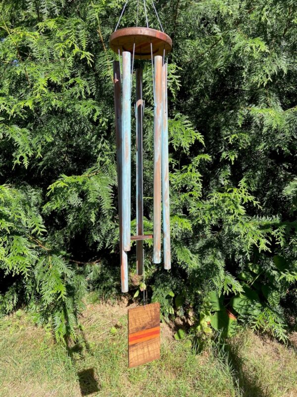 Handcrafted Hardwood Wind Chimes with Weathered Copper Tubes, Pacific Northwest Inspired Outdoor Décor, Rustic Copper Chimes for Gardens and Verandas.