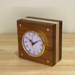 Clock-012-Roman Numeral Curly Cube Clock: a small handmade wood clock from the Pacific Northwest, made from exquisite hand-selected hardwoods, a rustic modern, unique gift for any décor, holiday, or occasion. Roman numeral design with reliable quartz movement. Side view